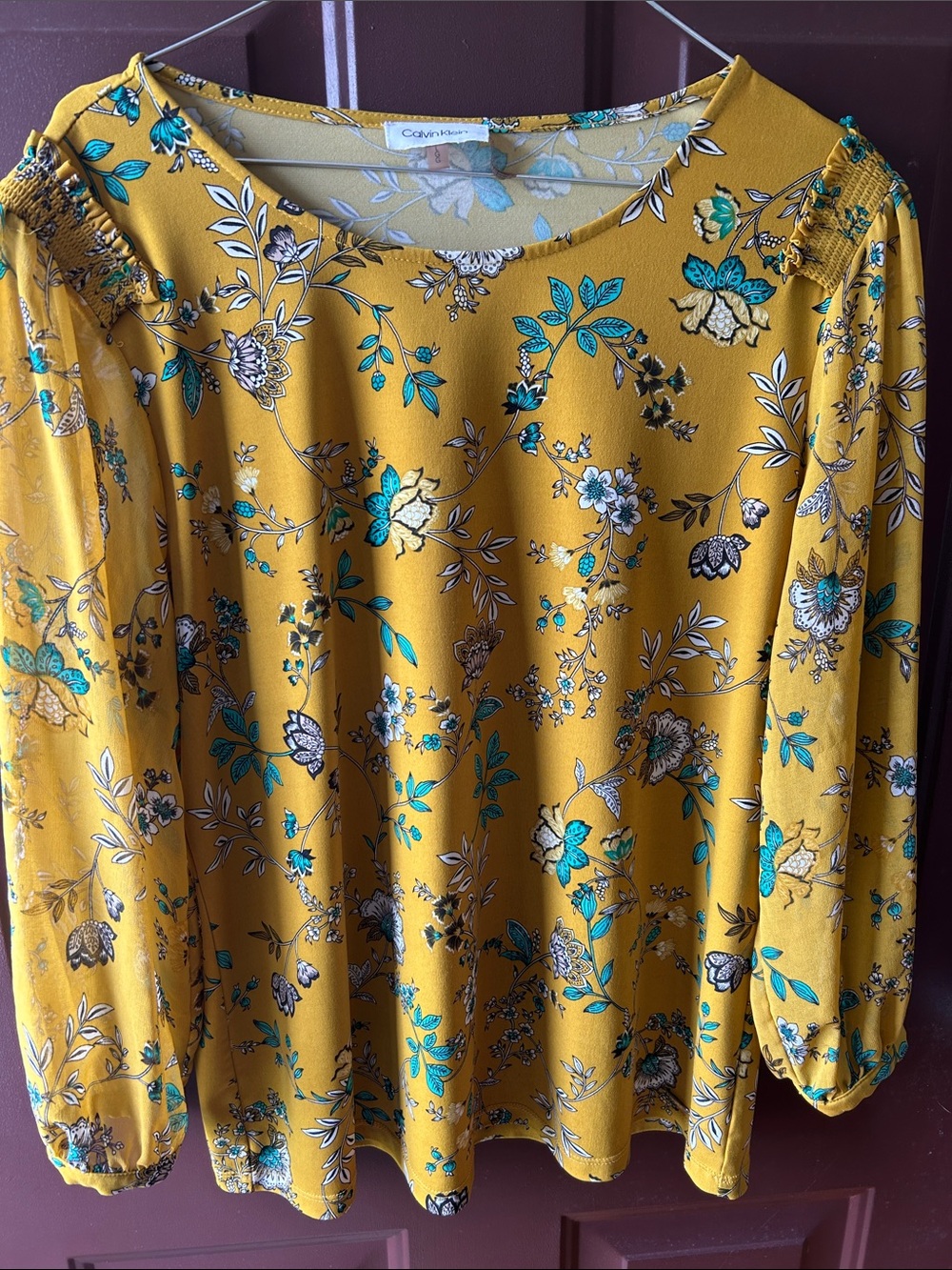 Calvin Klein Mustard Floral Long-Sleeve Blouse